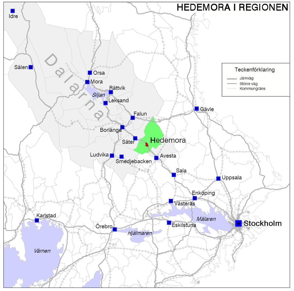 1.2 Hedemora i regionen Hedemora stad är en attraktiv liten småstad med ett strategiskt geografiskt läge i Södra Dalarna med stor närhet till omgivande städer i närregionen och till