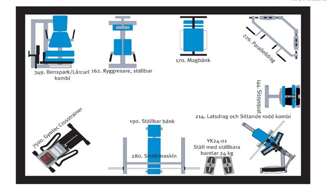 I detta gym på 24 kvadratmeter finns det utrymme för skivstångsställning, smithmaskin eller smith/rack kombi, bänk och hantlar.