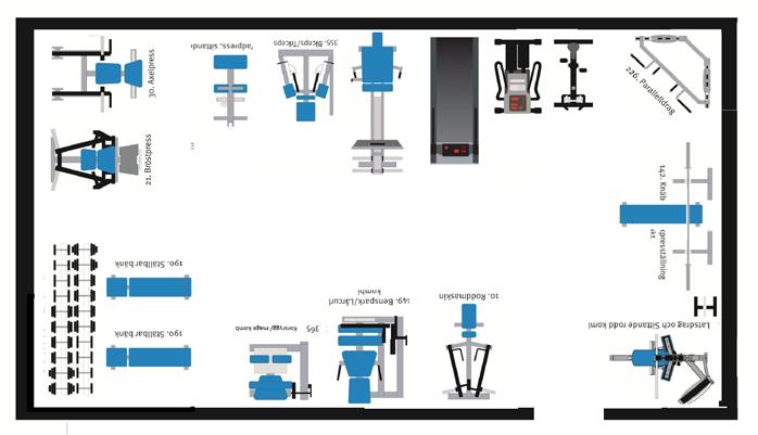 Viktmagasinsmaskin för benspark/ lårcurl kombi finns tillsammans med kroppsviktsstativ som situp bräda, ryggresare och sissy squat.