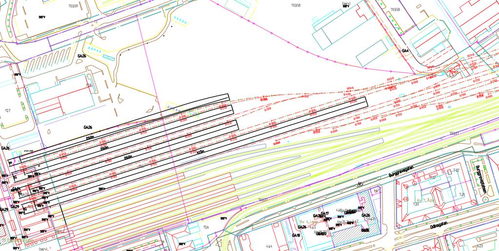 Figur 59. Förslag på ombyggnad av norra delen av Göteborg C, de svarta plattformarna är de som omfattas av förslaget. Åtgärden behövs redan till 2035 för att möjliggöra för 400 meter långa tåg.