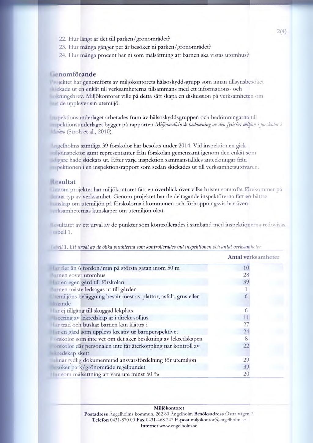 22. Hur långt är det till parken/grönområdet? 23. Hur många gånger per år besöker ni parken/grönområdet? 24. Hur många procent har ni som målsättning att barnen ska vistas utomhus?