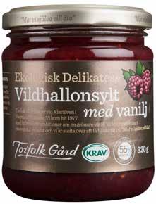Ekologisk Vildhallon vanilj Vår extra fina hallonsylt är smaksatt med ekologisk äkta vanilj som