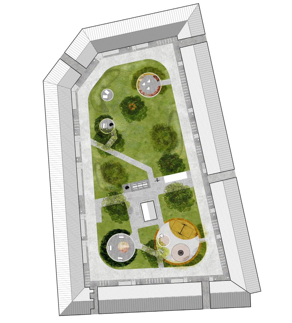 Karlsgatan FÖRSLAG Gårdens utformning Träden på gården får stå kvar med undantag från två träd som Mimers arborist bedömer vara i för dåligt skick för att det ska vara säkert att behålla dem.
