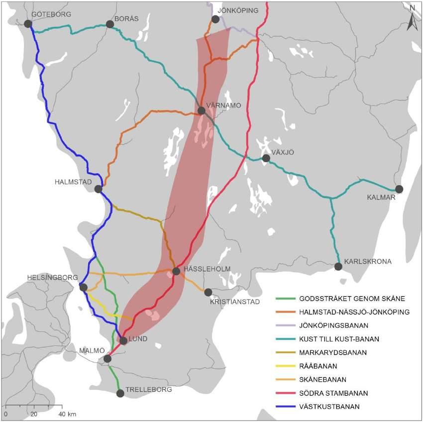 7.1.5. Järnvägsnät och tågtrafik Utredningsområdet korsas av ett flertal befintliga järnvägsstråk av varierande standard och med olika typer av trafikeringsupplägg.