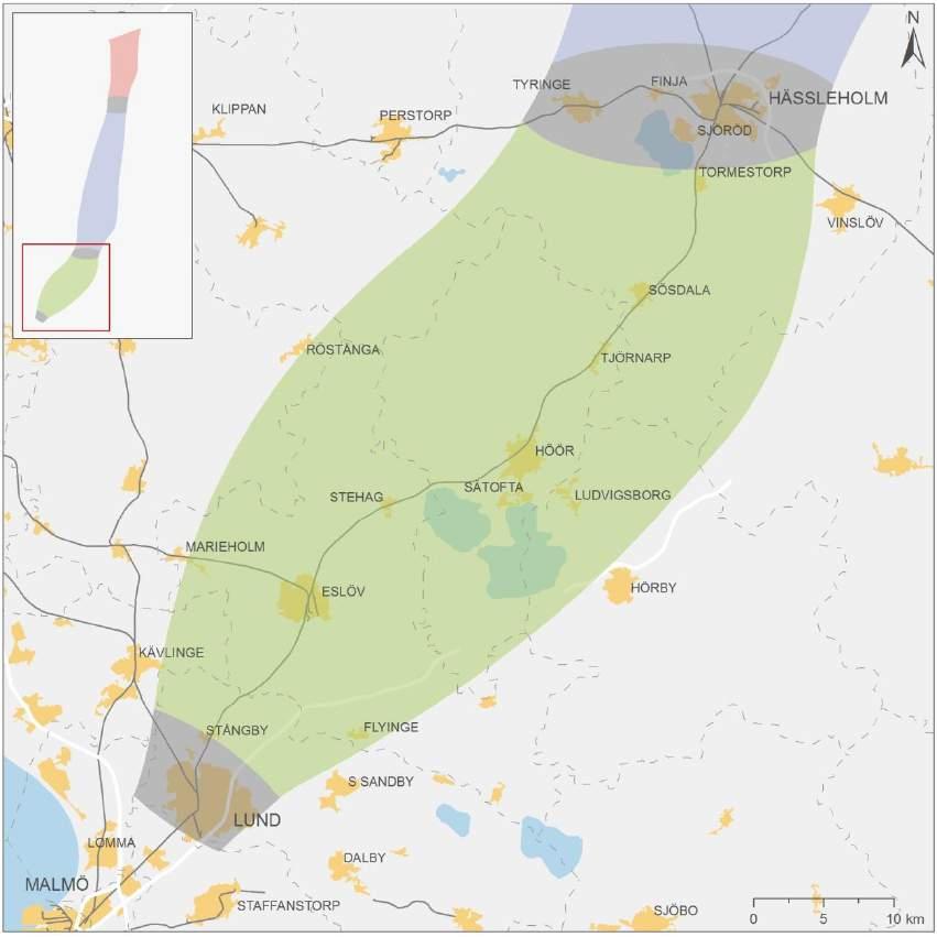 7.7. Sträckan Hässleholm Lund Utredningsområdet mellan Hässleholm- Lund är 60 km långt, 30 km brett och sträcker sig i en nordöst sydvästlig riktning.