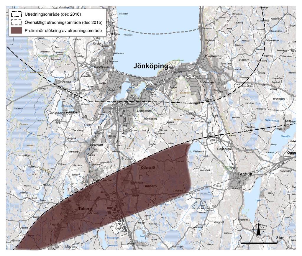 Kompletterande beskrivning av området ner till överlämningspunkt mot sträckan Jönköping-Malmö Det översiktliga utredningsområde som identifierades under arbetet med den förberedande studien