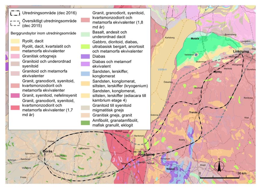 Figur 8. Förenklad berggrundskarta från SGU skala 1:1 miljon. Utredningsområdet domineras av granitoider och graniter av olika åldrar och grader av omvandling (beige-rosa på kartan).