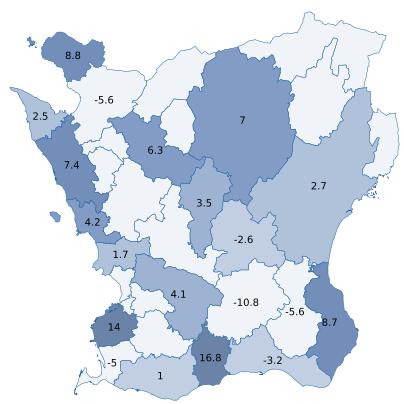 5 Positiv utveckling i 14 av Skånes kommuner Bland Skånes kommuner har 14 stycken en positiv gästnattsutveckling under perioden 2016, 6 kommuner backar i antal gästnätter och bortfallet motsvarar 13