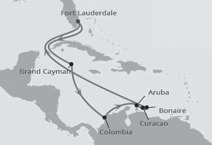 Lör Avgång San Juan, Puerto Rico Sön Till havs Mån Bridgetown, Barbados Tis Castries, St Lucia Ons St Johns, Antigua Tor Basseterre, St Kitts Fre Charlotte Amalie, St Thomas Lör Ankomst San Juan,