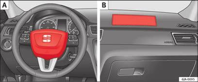 34 Airbagsystem Frontairbagar Beskrivning av frontairbagarna Airbagsystemet är ingen ersättning för bilbältet! på grund av gällande trafikregler, utan även av säkerhetsskäl sidan 20, Allmänt.