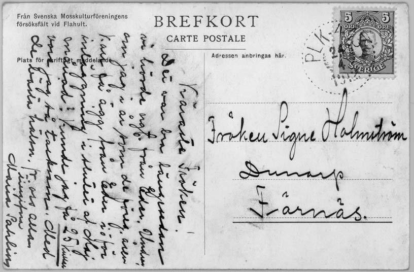 Brevkort, stämplat med PLK. 413 den 24 april 1912. PLK 413 var i bruk åren 1908 1920 på sträckan Jönköping Vireda. 120 kronor per år.
