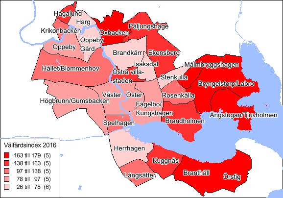 21/87 Nedan redovisas välfärdsindexet geografiskt. Det är generellt mycket stora skillnader mellan de olika stadsdelarna vad gäller folkhälsan.