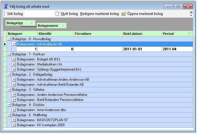 Bokföringen Programmet tillåter bokföring i ett obegränsat antal företag.