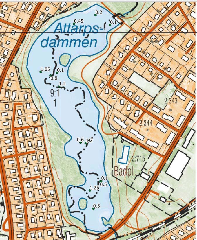 Sedimentmäktighet Sedimentdjup mättes i 13 punkter fördelade över Attarpsdammens yta. Medeltjockleken hos sedimenten var 0,6 m och största sedimentdjup var 1,25 m.