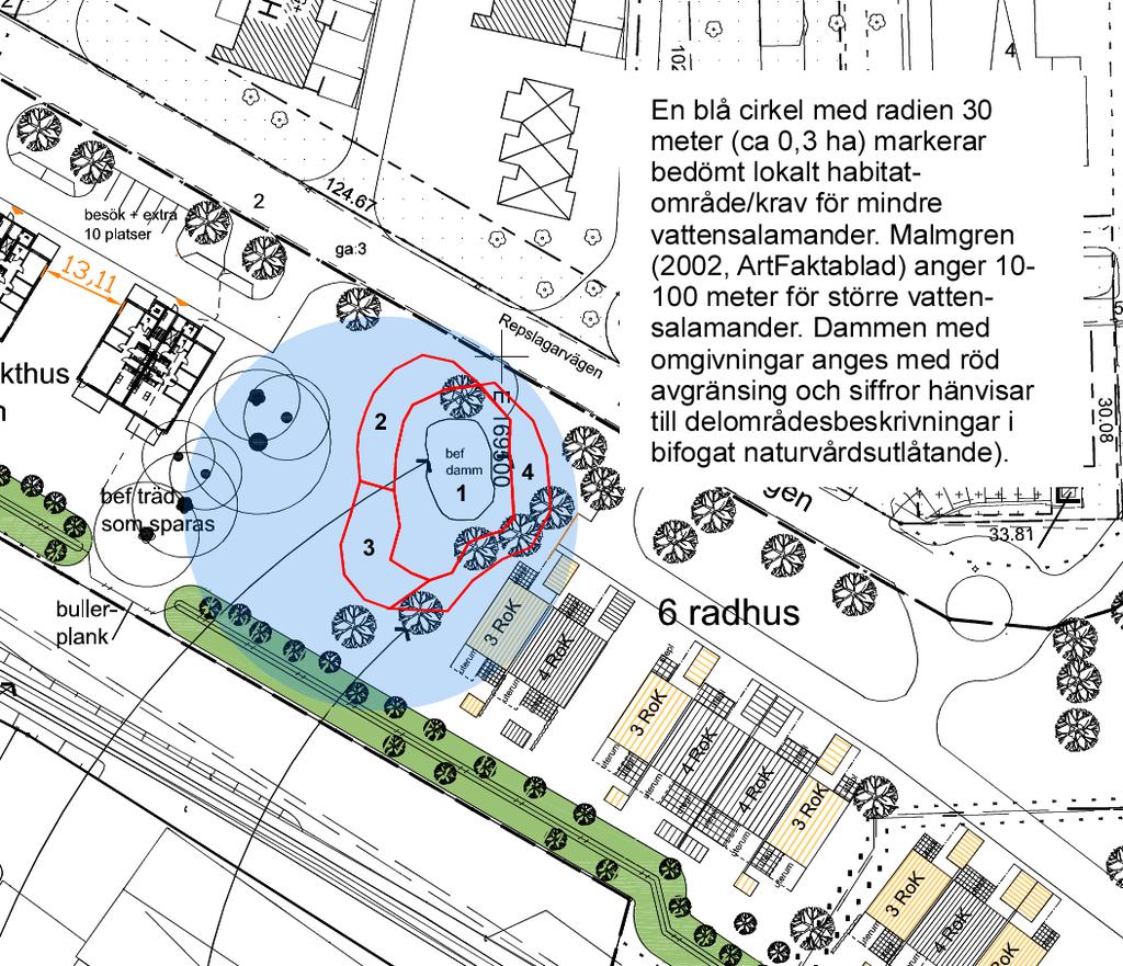 2 Karta. Dammen och det aktuella området anges med röd avgränsning (ungefärlig). Blå cirkel avser att beskriva ett habitatområde (livsutrymme) för mindre vattensalamander.