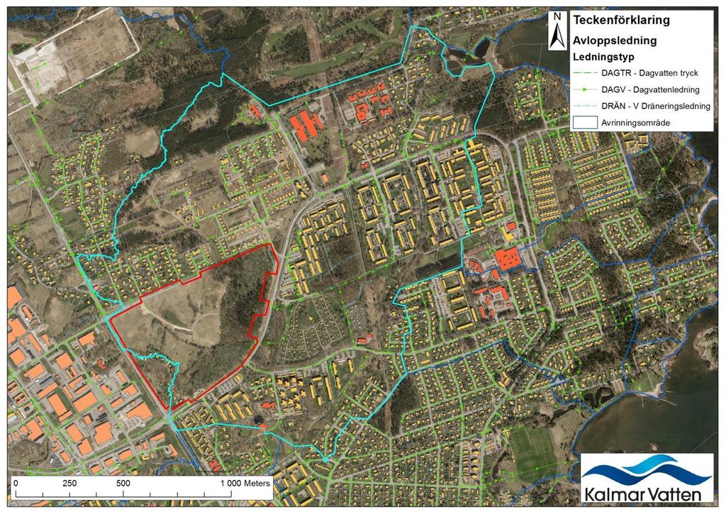 2(6) Krafslösadämmet Utlopp ARO Figur 1. Befintliga dagvattenledningar och avrinningsområde (schematisk gräns), planområde markerat med röd linje.