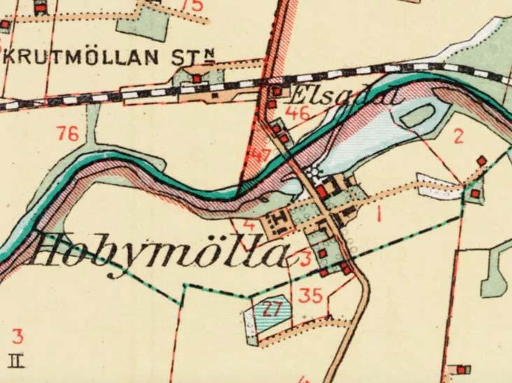 29 Figur 25. Historisk karta över Krutmöllan (Hobymölla), på kartan syns kvarnbyggnadens läge och dämmets sträckning. Häradsekonomisk karta 1910 (Lantmäteriet historiska kartor). 4.