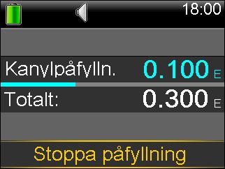 4. När kanylen börjar fyllas visar skärmen hur många enheter som avges. Pumpen piper eller vibrerar när det är klart. När kanylen har fyllts öppnas startskärmen. Pumpen är nu klar att dosera insulin.