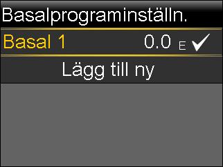 Skärmen Basalprograminställn. öppnas. Det basalprogram som är aktivt visas med en bock och vilken mängd som doseras under ett dygn, som följande exempel visar. basal 2.