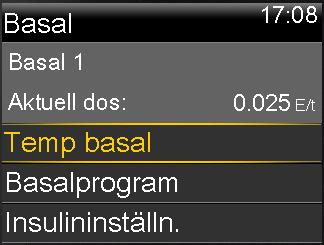 På skärmen Temp basal visas namnet (endast Förinst. Temp), aktuell basaldos, varaktighet och återstående tid. 2. Välj Avbryt temp basal.