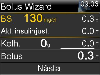 Dosera en Normal bolus med Bolus Wizard Gör så här för att dosera en Normal bolus med Bolus Wizard: 1.