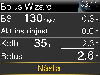 Om du vill ändra bolusmängden väljer du Bolus och gör de ändringar som önskas. Om du ändrar bolusmängden visas ordet "Ändrat" bredvid den nya bolusmängden. 6.