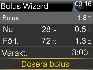 Observera: Om du väljer att inte lägga in något BS-värde visas tre streck på skärmen i stället för BS-värdet. 4. Om det gäller en måltidsbolus väljer du Kolh.