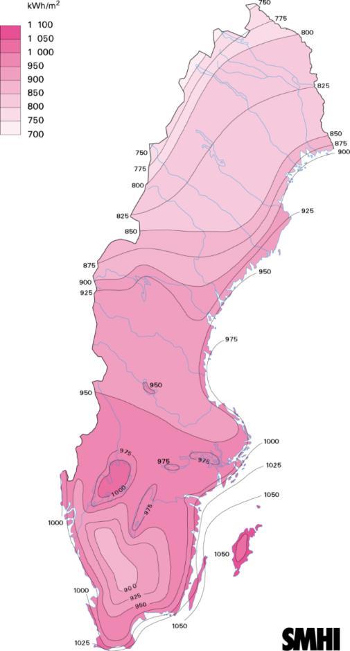 På kartan till vänster 5 visas solinstrålning ett normalt år i Sverige. I södra Sverige är solinstrålningen ca 950 kwh elström per kvadratmeter per år.