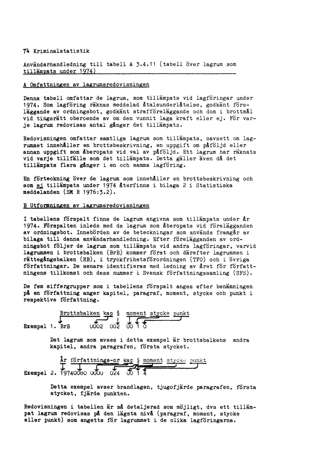 74 Kriminalstatistik Användarhandledning till tabell A 3.4.11 (tabell över lagrum som tillämpats under 1974) A Omfattningen av lagrumsredovisningen Denna tabell omfattar de lagrum, som tillämpats vid lagföringar under 1974.