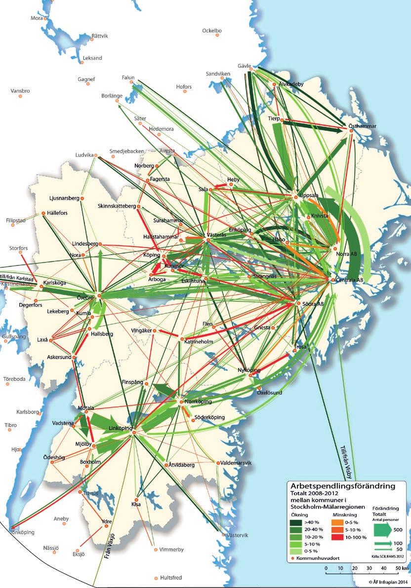 Karta 2: Mellankommunal pendling, förändring 2008 2012.