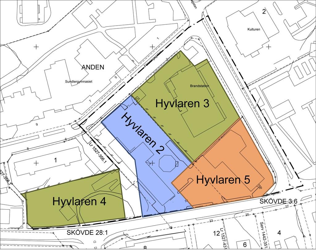 Föreslaget nytt hus på Hyvlaren 5. Perspektiv från norr. Illustration av Henrik Schulz. Service och verksamheter Idag finns brandstation, Komvux, gymnasium, tryckeri, kontor inom planområdet.