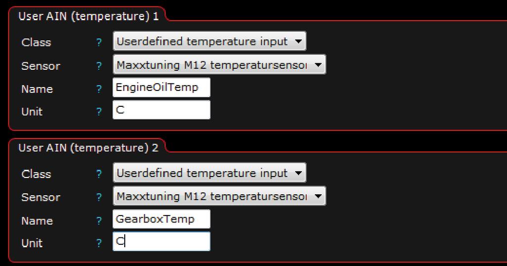 5.4.1 - Analoga ingångar MaxxECU har 4st extra analoga ingångar varav 2st är analoga temperatur-ingångar (AIN 1-2) och 2st 0-5v ingångar