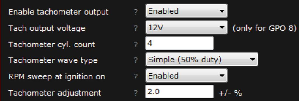 6b - Efter att man kört testläget och kontrollerat att varvtalet stämmer ändrar man Enable tachometer output till Enabled. Fig 6.3.