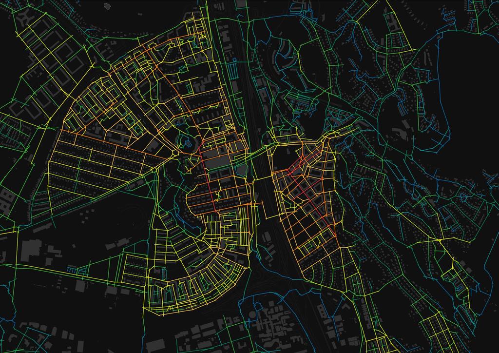 TILLGÄNGLIGHET I GÅNGNÄTET 2030 BRA OCH TYDLIG RUMSLIGHET I FORSÅKER Diagonalen framstår tillsammans med ett par tvärgående gator på industrigolvet som de rumsligt mest intergrerade gaturummen.