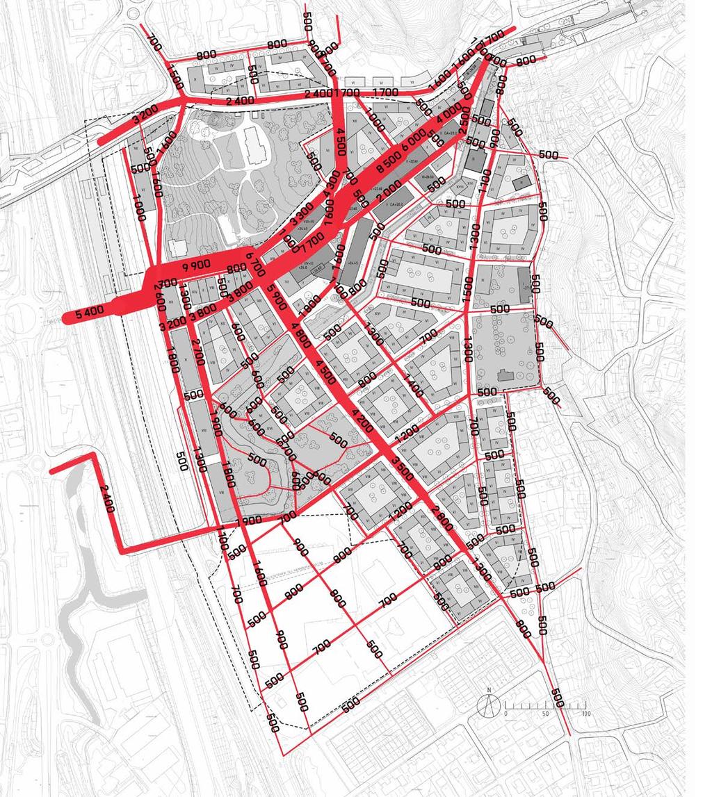 BEDÖMNING AV GÅNGFLÖDEN 2030 HÖGST FLÖDEN I ANSLUTNING TILL DEN NYA SÖDRA STATIONSENTRÉN På gångbron till den södra stationsentrén beräknas 9 900 passager per dygn vilket är det högsta flödet i
