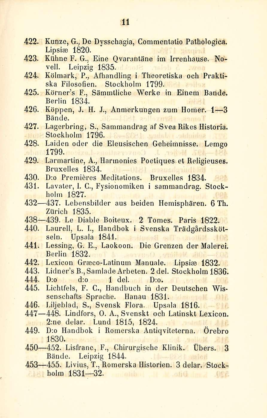 11 422. Kunze, G., De Dysschasia, Commentalio Pathologica. Lipsiae 1820. 423. Kiihne F. G. ; Eine Qvarantäne im Irrenhause. Novell. Leipzig 1835. 424.