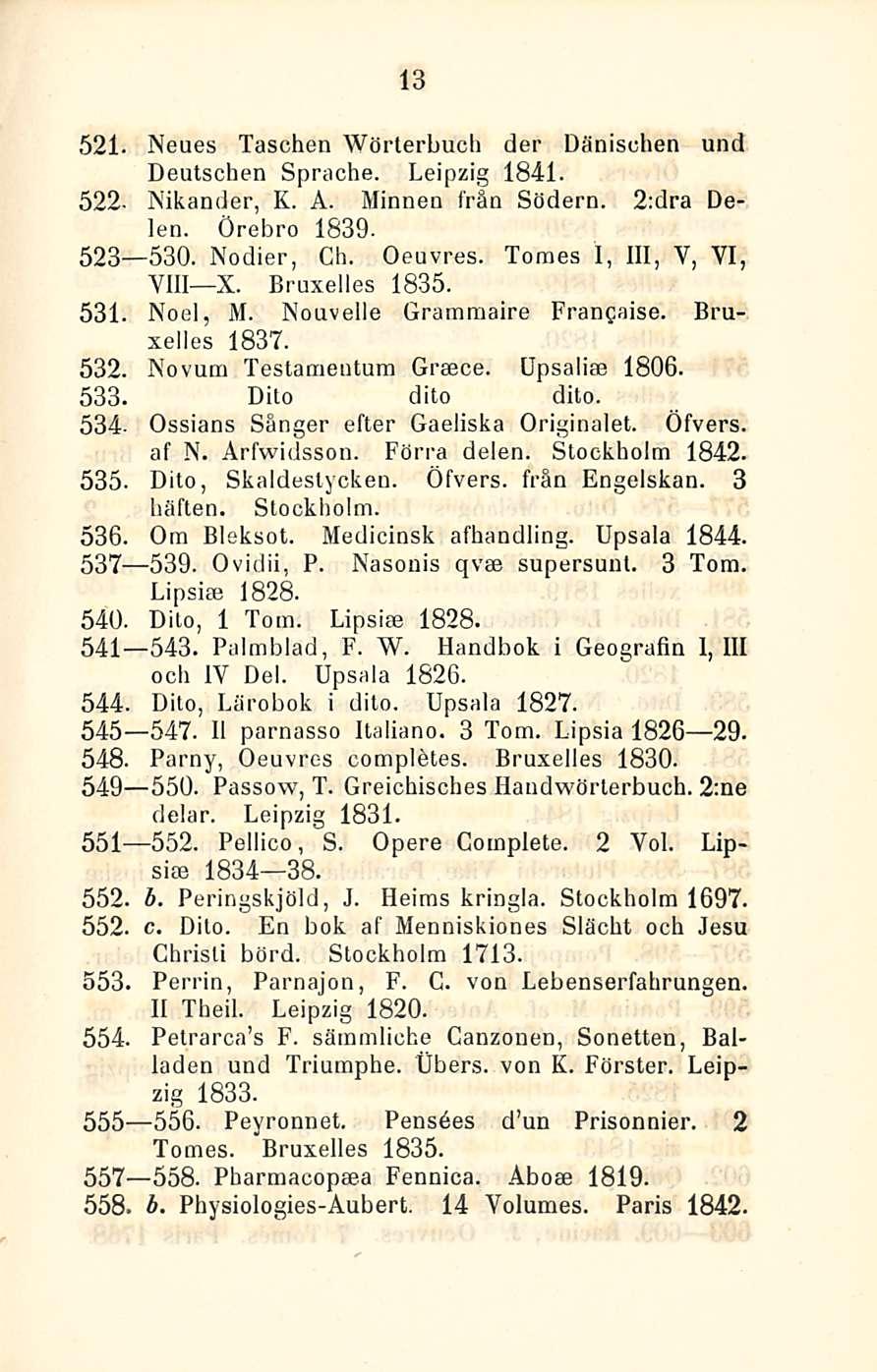 13 521. Neues Taschen Wörterbuch der Dänischen und Deutschen Sprache. Leipzig 1841. 522. Nikander, K. A. Minnen från Södern. 2:dra Delen. Örebro 1839. 523 530. Nodier, Ch. Oeuvres.