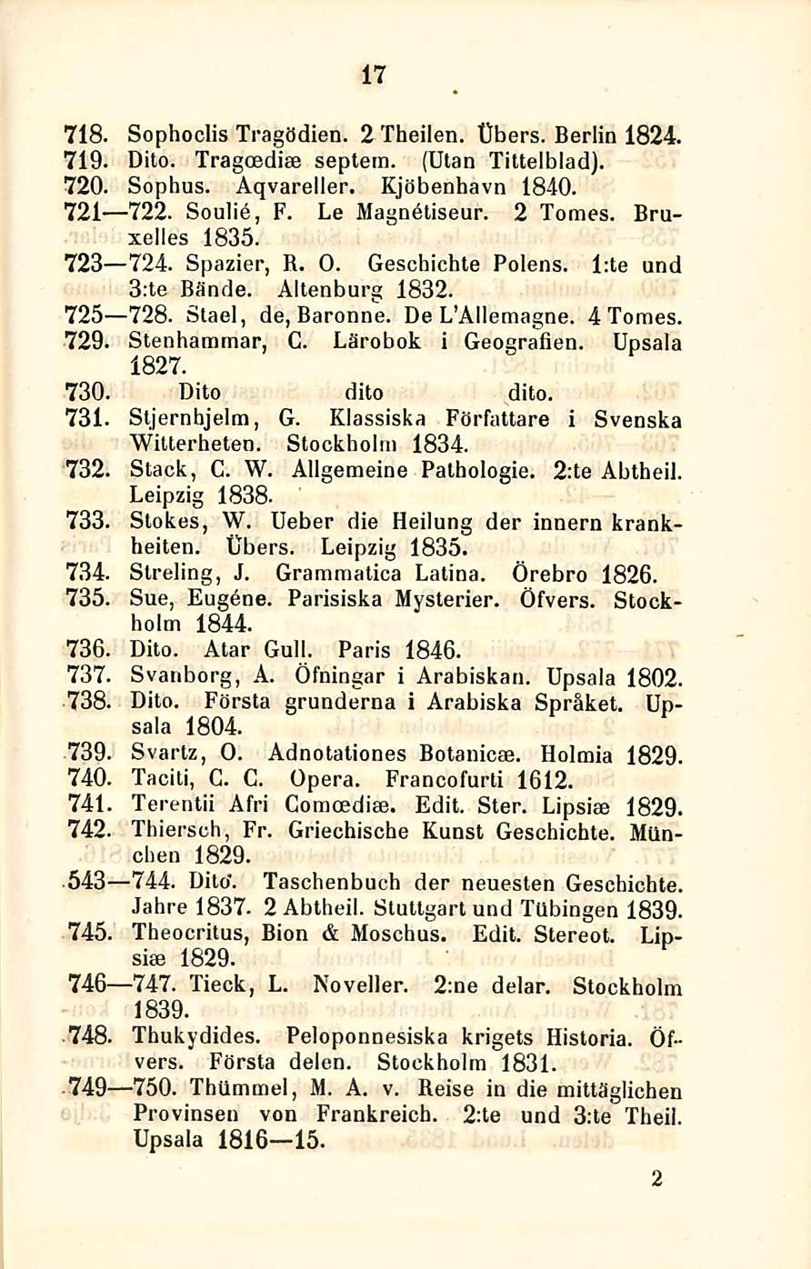 17 718. Sophoclis Tragödien. 2 Theilen. Cbers. Berlin 1824. 719. Dito. Tragoediae septem. (Ulan Tittelblad). 720. Sophus. Aqvareller. Kjöbenhavn 1840. 721 722. Soulie, F. Le Magnetiseur. 2 Tomes.