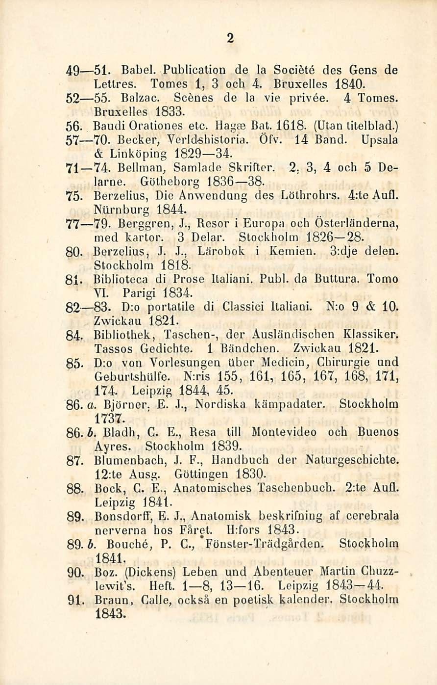 2 49 51. Babel. Publication de la Societe des Gens de Letlres. Tomes 1, 3 och 4. Bruxelles 1840. 52 55. Balzac. Scenes de la vie privee. 4 Tomes. Bruxelles 1833. 56. Baudi Orationes eto. Hagae Bat.