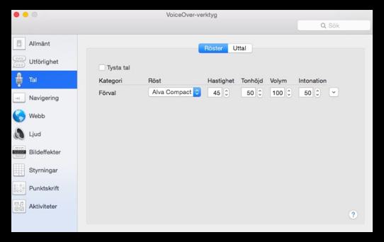 I panelen VoiceOver-verktyg kan du individuellt anpassa och