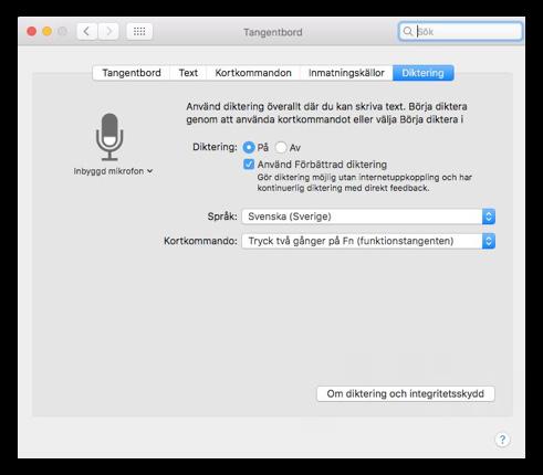 Under fliken Diktering gör du inställningar för funktionen.