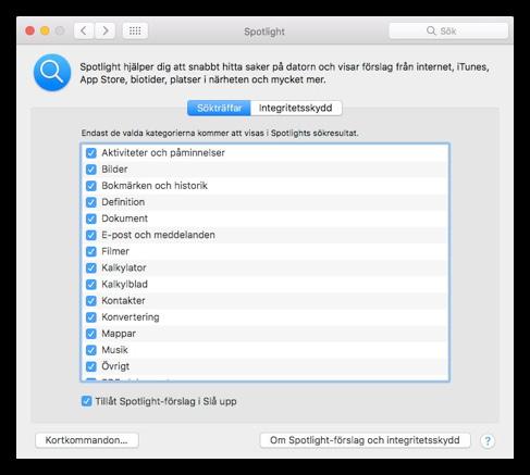 Sökningen kan du begränsa efter eget önskemål via Systeminställningar och ikonen Spotlight Avaktivera de kategorierna som du inte vill ha med i sökningen.