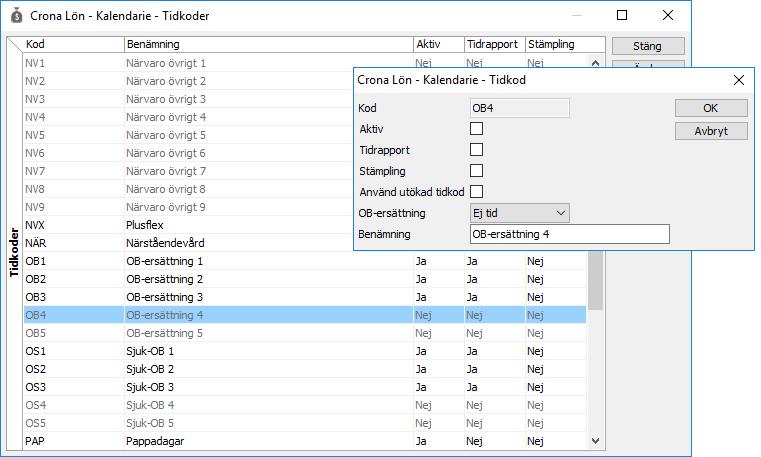 Automatisk OB-beräkning Çrona Lön Handbok III Tidkoder för OB och Sjuk-OB Det finns fem färdiga tidkoder för OB-tillägg respektive Sjuk-OB i Crona.