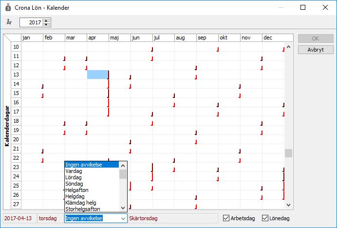 Çrona Lön Handbok III Automatisk OB-beräkning Kalender Till din hjälp har du även en kalender för företaget, där du kan klassificera (om) dagar, så de passar ert avtal.