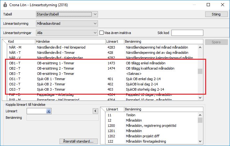 Automatisk OB-beräkning Çrona Lön Handbok III Koppla tidkod OB till löneart = löneartsstyrning Tidkoderna för OB och Sjuk-OB i regeln kopplas sedan till rätt löneartsnummer under menyn Register,