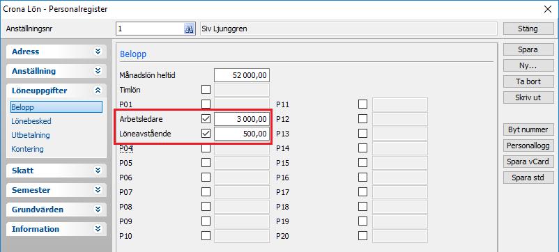 ITP-plan Under menyrubriken Grundvärden, Försäkringar anger du med bock om den anställde har tjänstepension enligt ITP-planen.