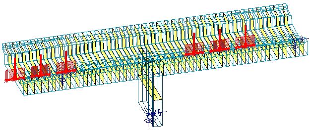 Load test with IORE 2002. Shed to the left and frame for the LVDTs in the short span. FE-model of bridge with modelled axle load groups of locomotive IORE. Examples of outcomes 0.