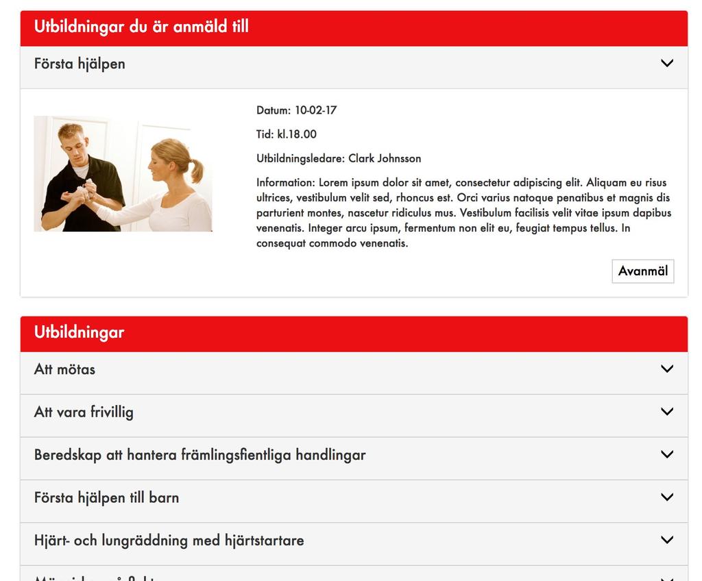 Designlösning Mer info 1 1. Nedåtpil, som vid klick expanderar. 2. Mer info om utbildningen visas. 2 Teamet valde den här lösningen för att listan inte ska bli för lång med för mycket info.