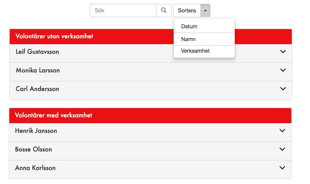 Designlösning 1 Sortera listor 1. En sortera -funktion med en nedåtpil som vid klick öppnar en dropdown-lista. Det finns möjlighet att sortera listorna i systemet efter eget val.