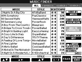 Praktisk Music Finder-funktion 3 Tryck på [6π] (SEARCH) för att visa sökdisplayen. Ta bort sökkriterium För att ta bort angiven Music/ Keyword/Style, tryck på [F]/[G]/ [H] (CLEAR).
